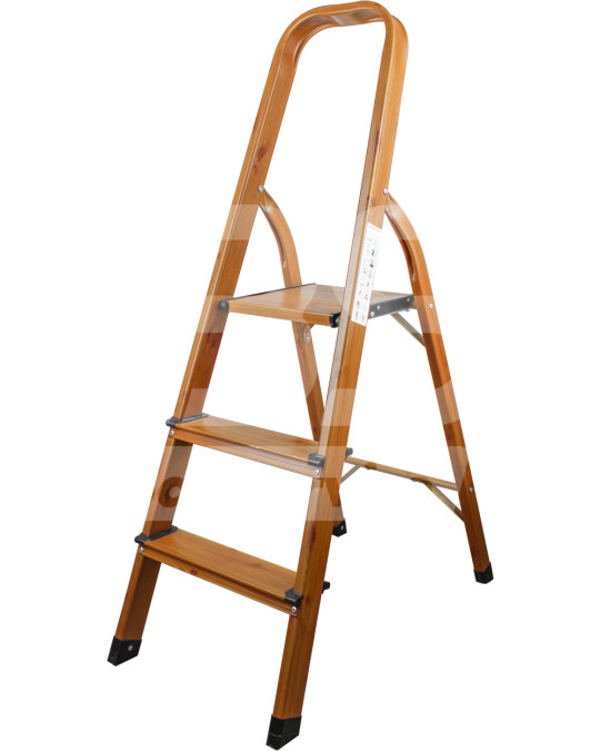 HUISHOUDEN STEPLADDER ALUMINIUM 3 stappen houten korrelpatroon foto