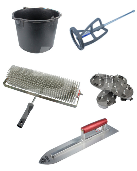 Ein Set zum Verlegen eines gegossenen Bodens Nr. 3 (Walze 120 x 400 mm, Reibe 400 x 90 mm, Pads 2 Stk., Mischer 125 x 600 mm, Eimer 16 l) Foto