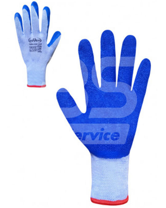 Sieben Baumwollhandschuhe mit blauer partieller Schaumlatexbeschichtung 10 (XL) Foto